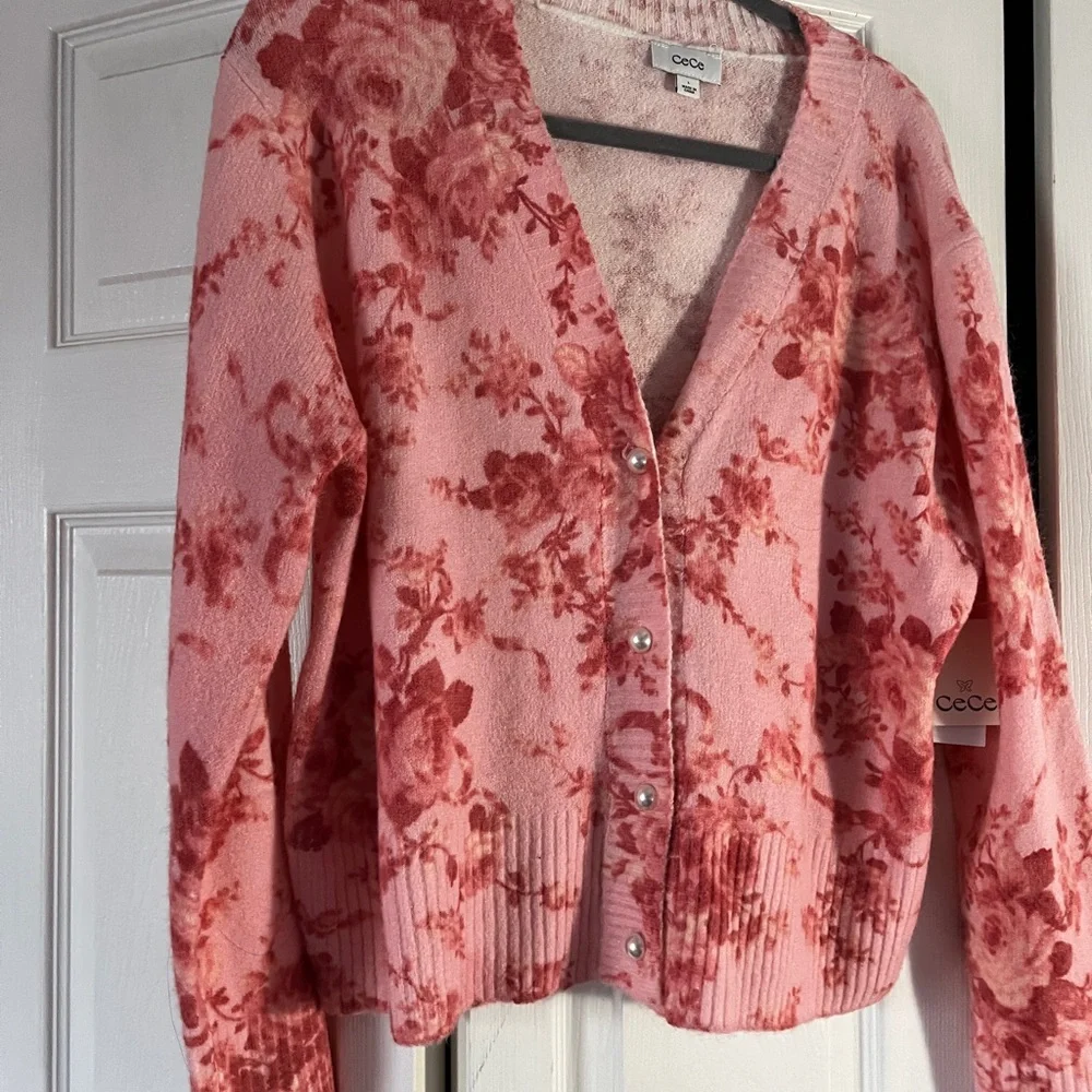 CeCe Women's Pink Floral Cardigan - Picture 2 of 15